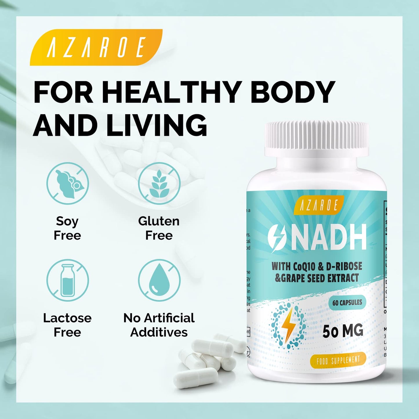 NADH 50mg Maximum Strength NADH - Energy Booster, NAD+ Supplement, Active Form of Vitamin B3, 2 Months Supply, 60 Count (Pack of 1)
