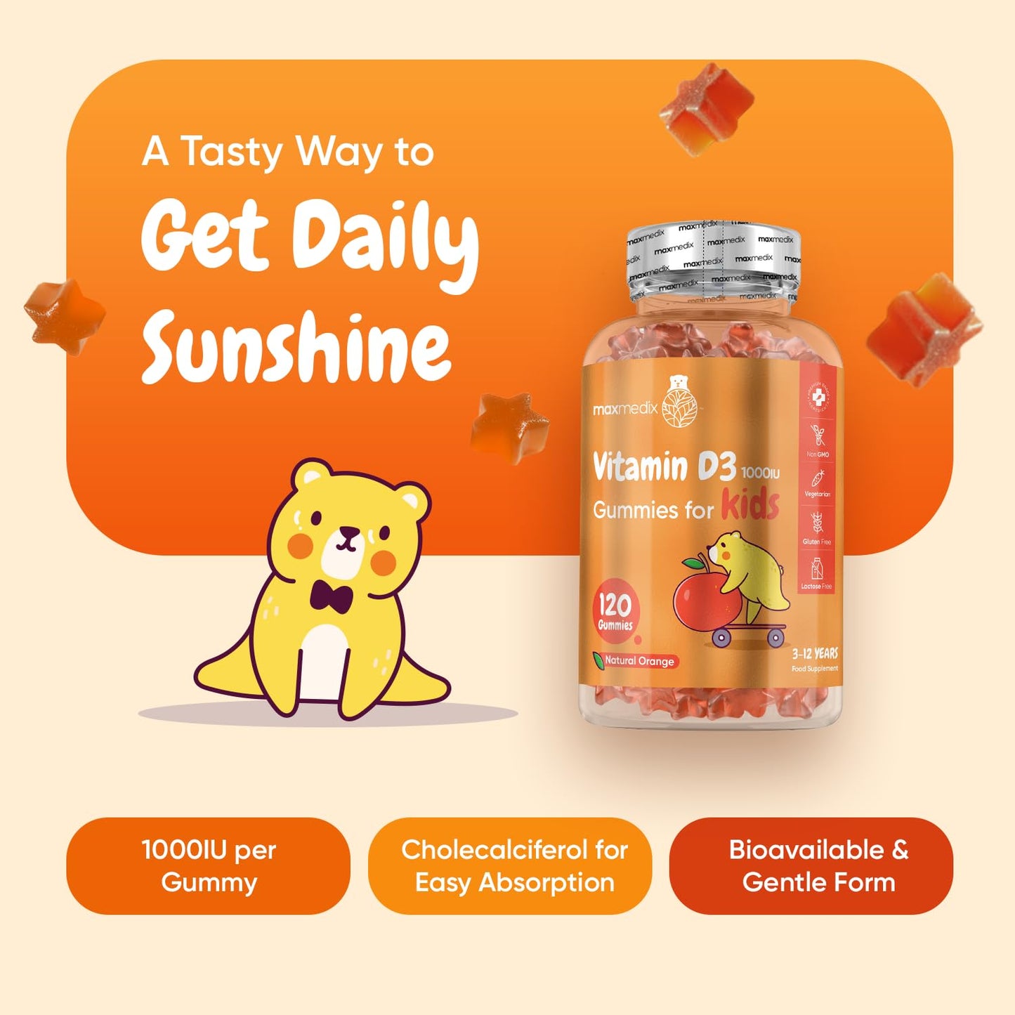maxmedix Vitamin D for Kids 1000IU | 120 Tasty Gummies | 4 Months Supply | Natural Orange Flavour | 1 per Day | Vegetarian-Friendly, Non-GMO & Gluten-Free | Easy to Chew | Kids Vitamin D Gummies for 3-12 Years