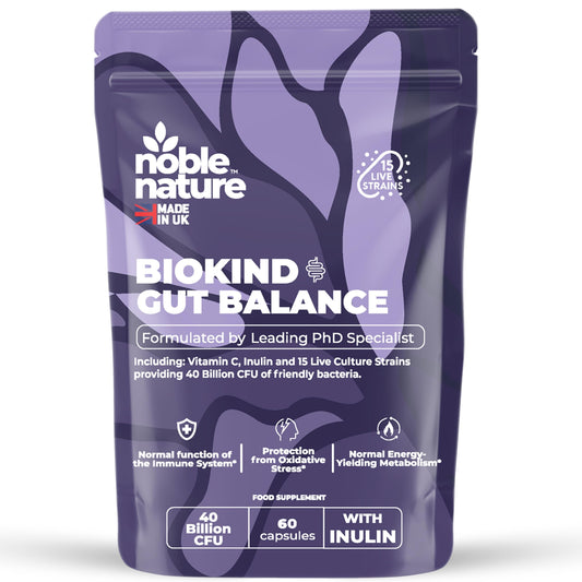 NobleNature Noble Nature Biokind Gut Balance – 40 Billion CFU Friendly Bacteria - Bio Cultures Complex - 15 Strains - Lactobacillus & Bifidobacterium for Gut, Immune & Digestive Health with Inulin & Vitamin C