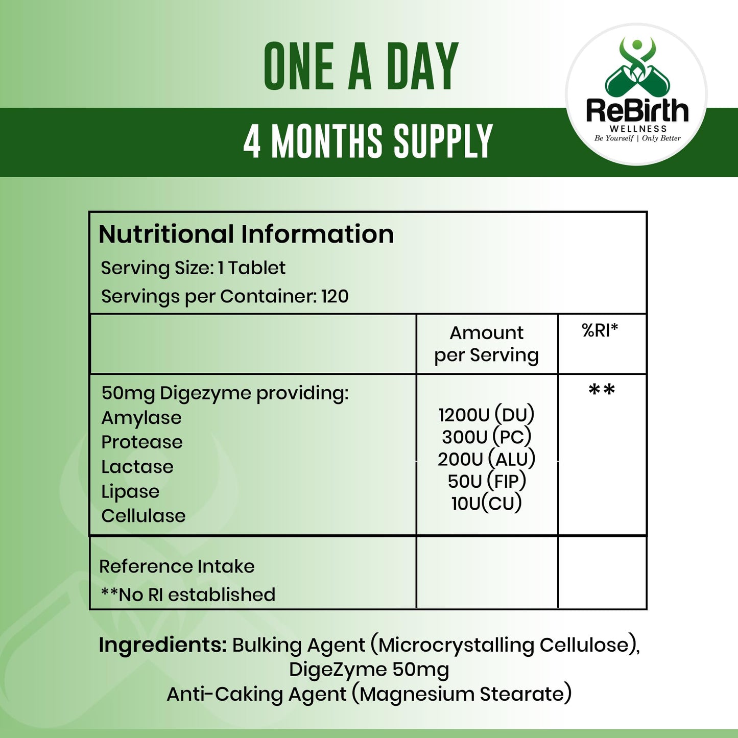 REBIRTH WELLNESS BE YOURSELF | ONLY BETTER Digestive Enzyme Supplements - 120 Tablets for Optimal Gut Health - Contains DigeZyme, Lactase, Protease - Promotes Healthy Digestion, Essential Digestive Enzymes - UK Made, Vegan