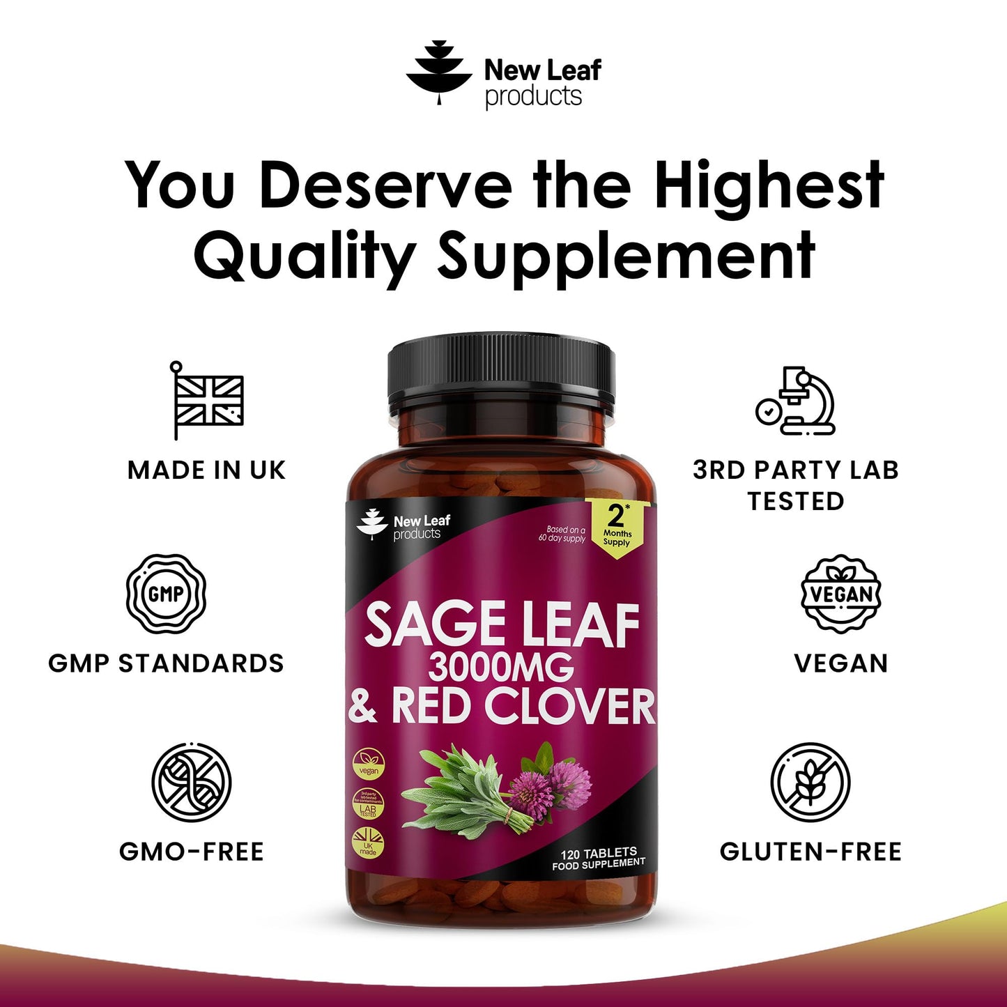NEW LEAF PRODUCTS Sage Leaf & Red Clover Tablets for Menopause - 3000mg High Strength Perimenopause Supplements with Sage Leaf and Red Clover Menopause Supplements - Vegan Sage 120 Tablets Made in UK by New Leaf