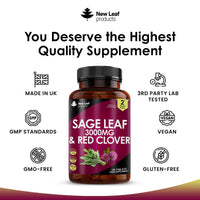 NEW LEAF PRODUCTS Sage Leaf & Red Clover Tablets for Menopause - 3000mg High Strength Perimenopause Supplements with Sage Leaf and Red Clover Menopause Supplements - Vegan Sage 120 Tablets Made in UK by New Leaf