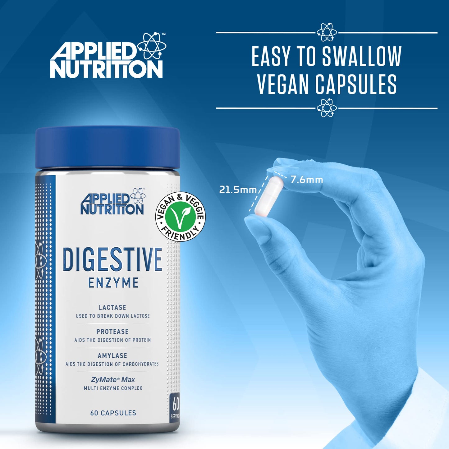 Applied Nutrition Digestive Enzyme - Vegan Digestive Enzymes Capsules, with Lactase, Protease, Amylase, Aids Digestion of Carbohydrates, Lactose, Proteins, Fats, for Flatulence Control (60 Servings)