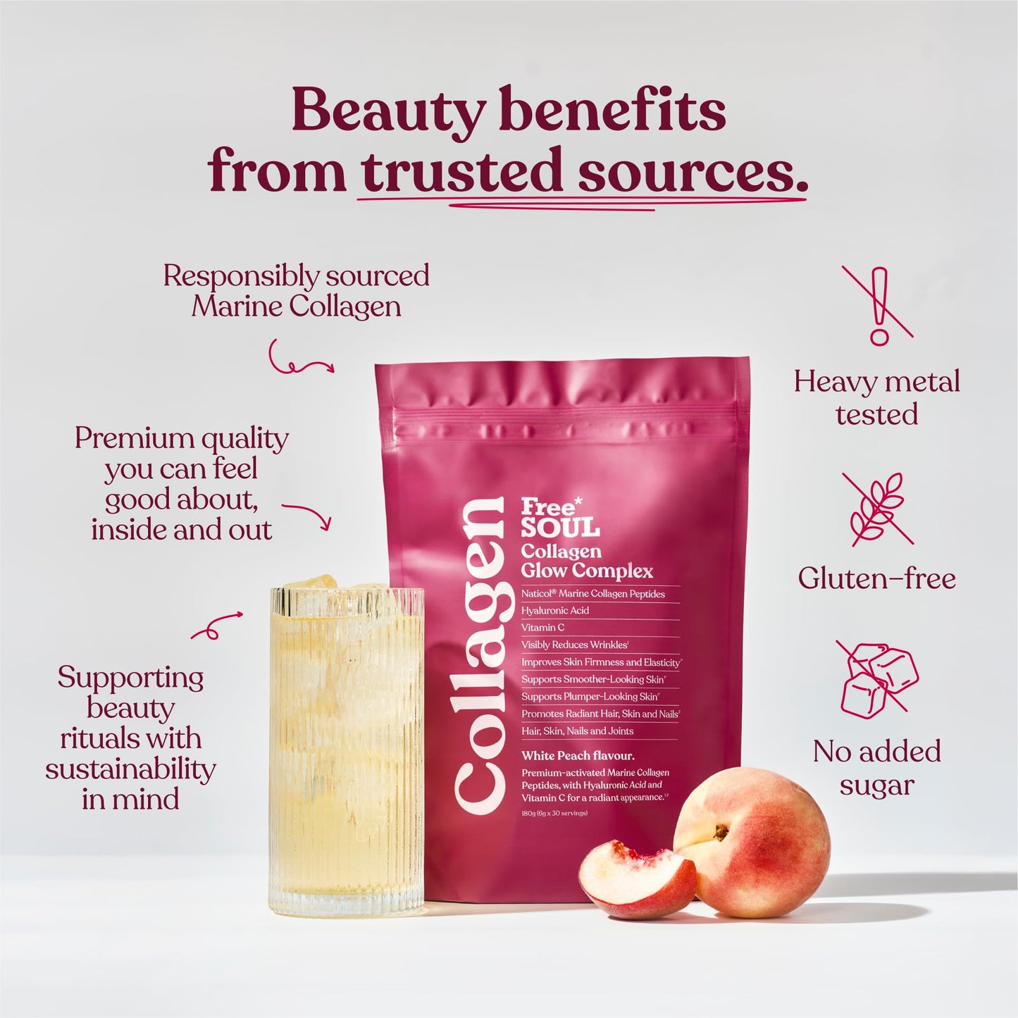 Marine Collagen Powder | Clinically Proven Collagen Supplement for Women with Hyaluronic Acid & Vitamin C | 100% Type I Hydrolysed Collagen Peptides for Hair, Skin & Nails | Collagen Glow by Free Soul
