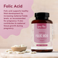 Folic Acid 400 mcg | 400 Vegan Vitamin B9 Tablets | Over 1 Year Supply | Pregnancy Care | Immune System & Growth of Maternal Tissue During Pregnancy | Alpha Foods