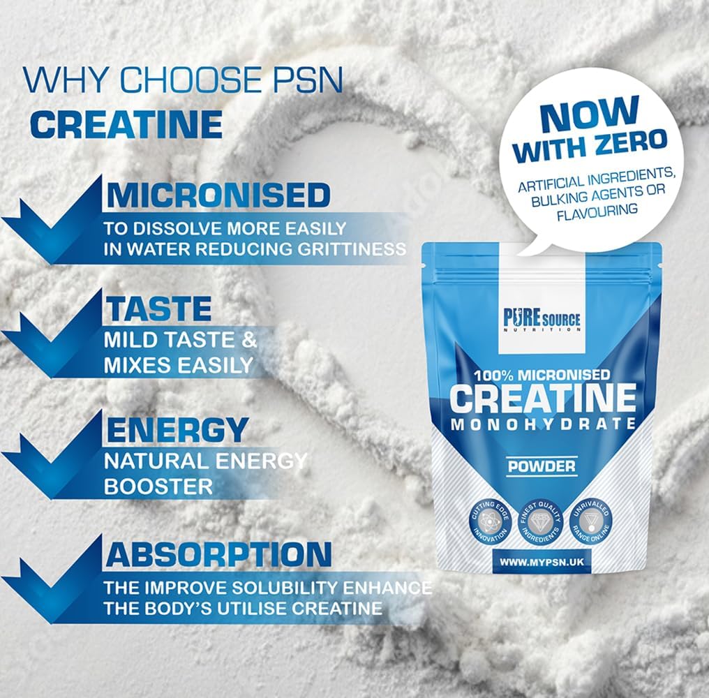 Pure Source Nutrition Creatine Monohydrate Powder Vegan Gluten Free 100% Micronised Creatine Unflavoured Proven to Improve Physical Performance and Recovery Powder (500g)