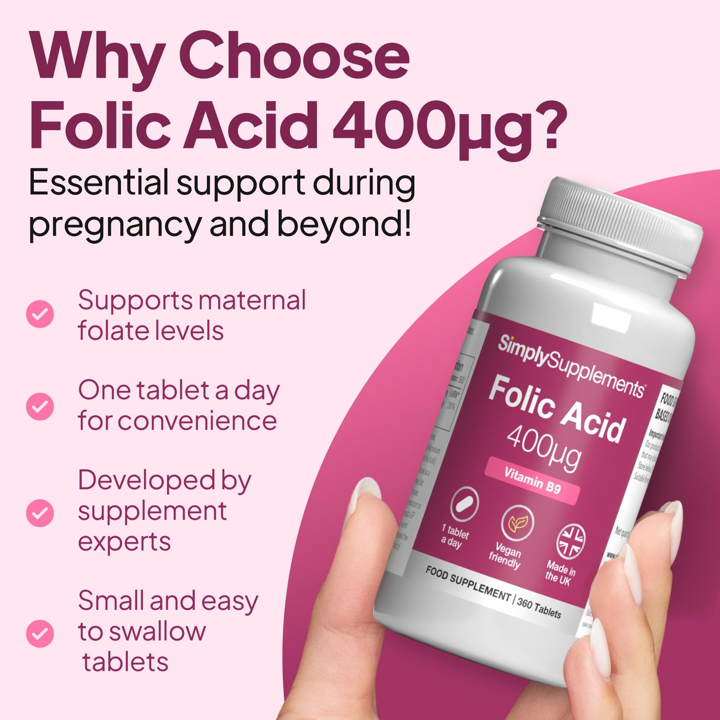 Simply Supplements Folic Acid 400µg (Vitamin B9) | 360 Vegan Tablets | 12 Months' Supply
