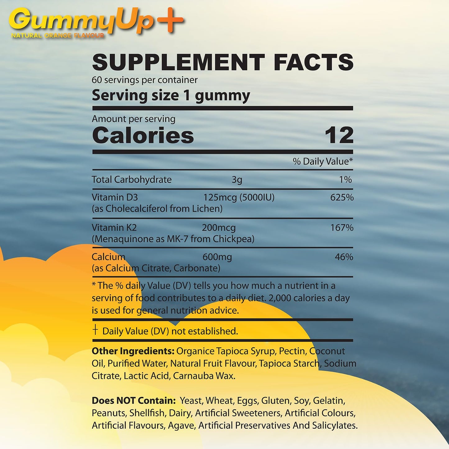 Vitamin D3+K2+Calcium Gummies High Strength Sunshine Gummies | 2 Months Supply | Natural Orange Flavoured Sugar Free Vegetarian Gummies by Gummyup+