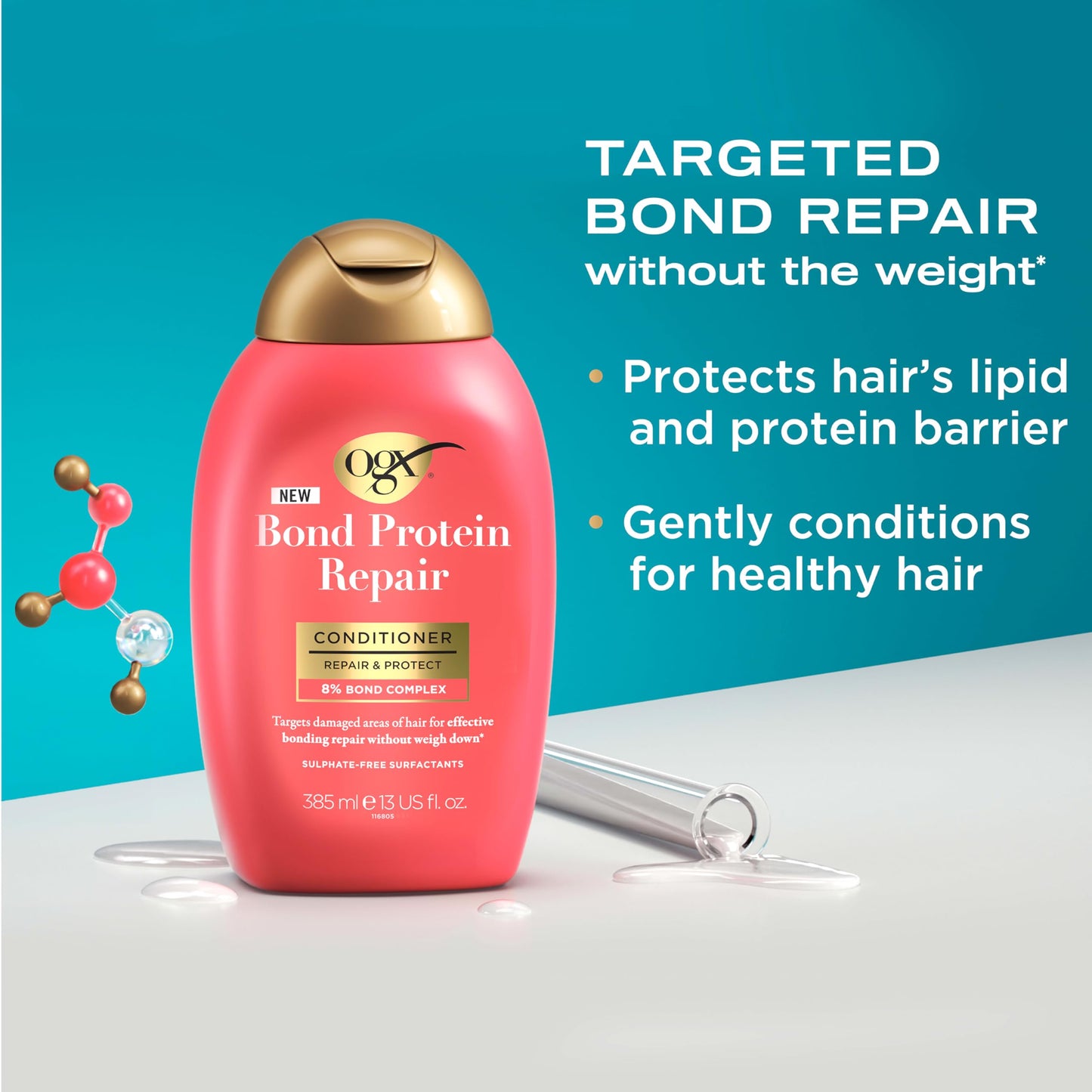 OGX Bond Protein Repair Conditioner with 8% Bond Complex, Targets Damaged Areas of Hair for Effective Bonding Repair without Weighing It Down, Sulfate Free, 385ml