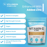 VL Vita London Vitamin C & Zinc 1200mcg | 120 High Strength Vegan Tablets (Not Capsule or Powder) | Made in UK | for Normal Immune System | Supplement for Men & Woman