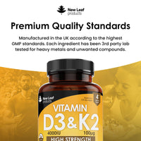 Vitamin D3 K2 - Vitamin D3 4000iu & Vitamin K2 100ug (MK7) 4 Months Supply, Supports Immunity, Calcium Absorption and Bone Health, Non-GMO, UK Made by New Leaf 365 Micro Small Vegetarian Tablets,
