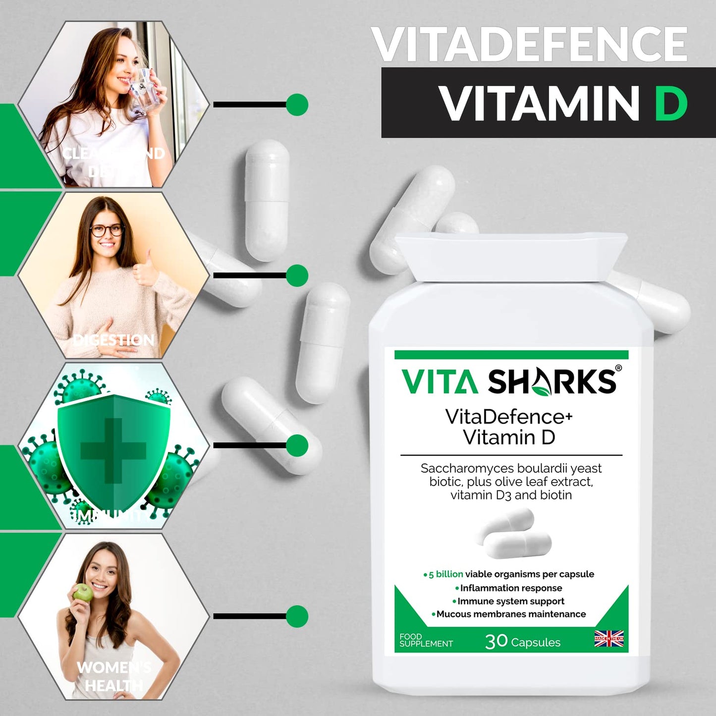 VitaDefence+ Vitamin D Complex - Immune Defence Boosting Formula | Biotin to Support Healthy Blood, Calcium, Bones, Muscle, Teeth & Organs | Saccharomyces boulardii Yeast