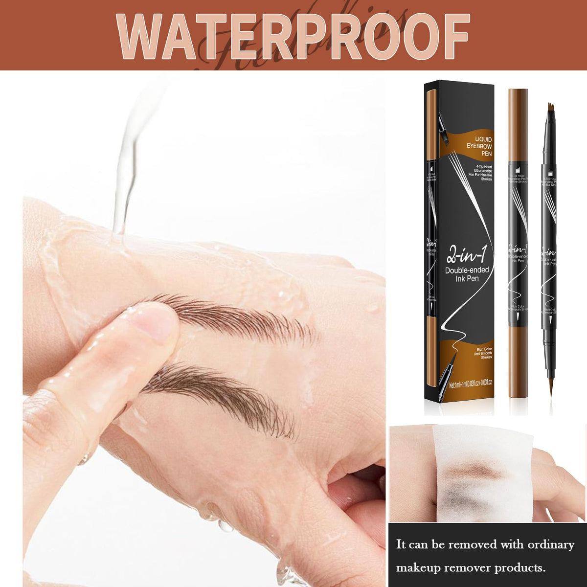 Mikloven 2-in-1 Waterproof Eyebrow Pencil – Dual-Ended Brow Pen with 4-Fork Tip & Precision Brush for Natural Hair-Like Strokes – Smudge-Proof, All-Day Wear (Dark Brown)