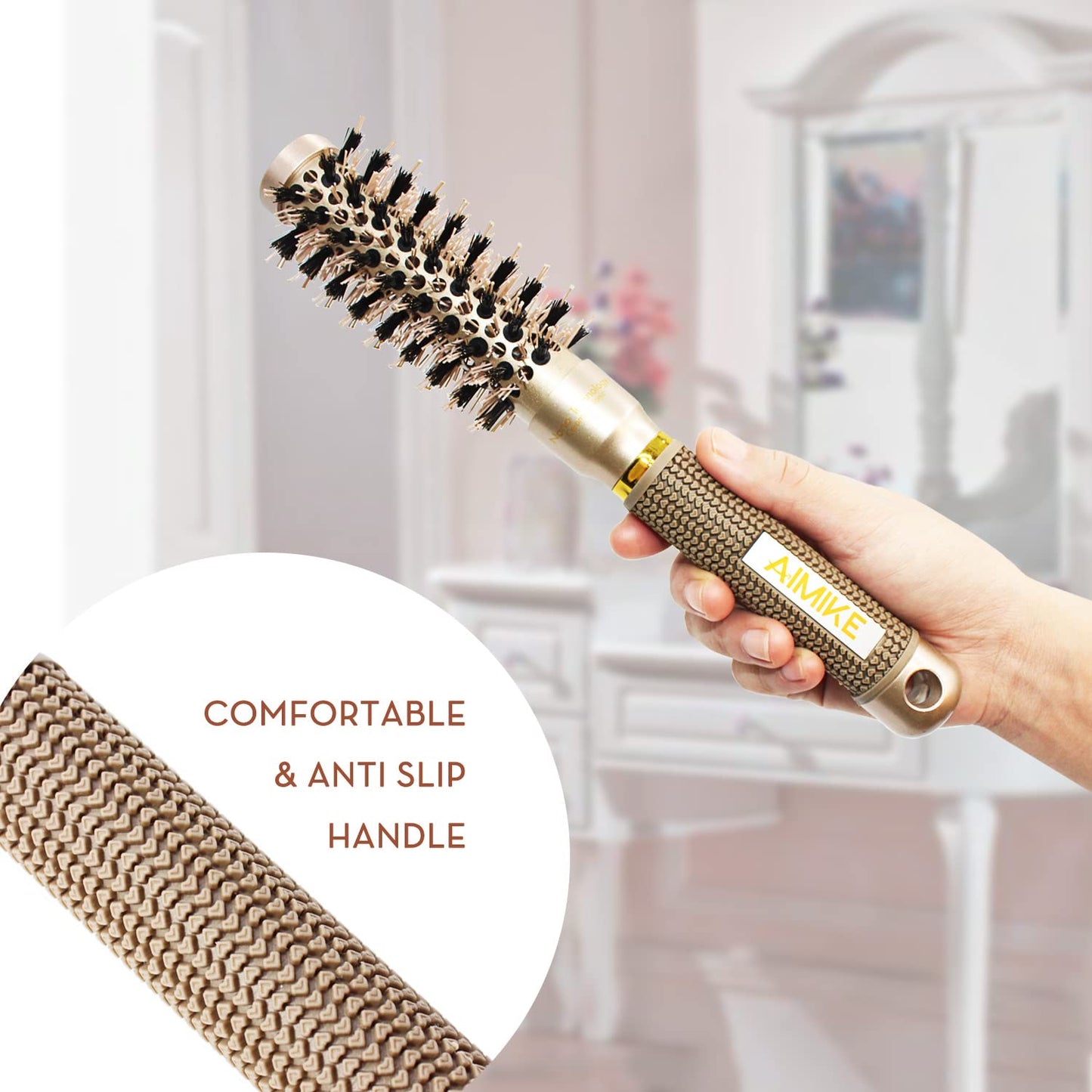 AIMIKE Round Hair Brush, Nano Thermal Ceramic & Ionic Tech Hair Brush, Small Round Brushes w/Boar Bristles for Blow Drying, Enhance Texture for Hair Drying, Styling, Curling and Shine (Barrel 1 inch)