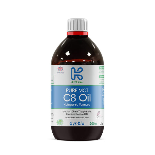 SynBio Keto Plan - Pure MCT C8 Oil [Palm Oil Free] | 99% Pure C8 | Vegan | Halal | Gluten Free | Supports Keto Nutrition & Fasting | Sustainably Sourced Coconut (500ml)