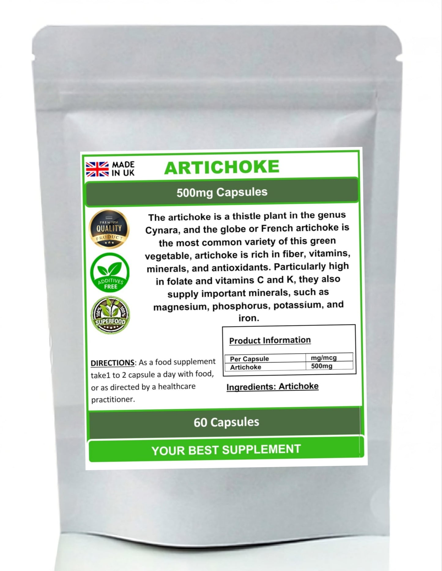 Your Best Supplement Artichoke Capsules Premium Quality,High Strength (Pure no additives) (60)