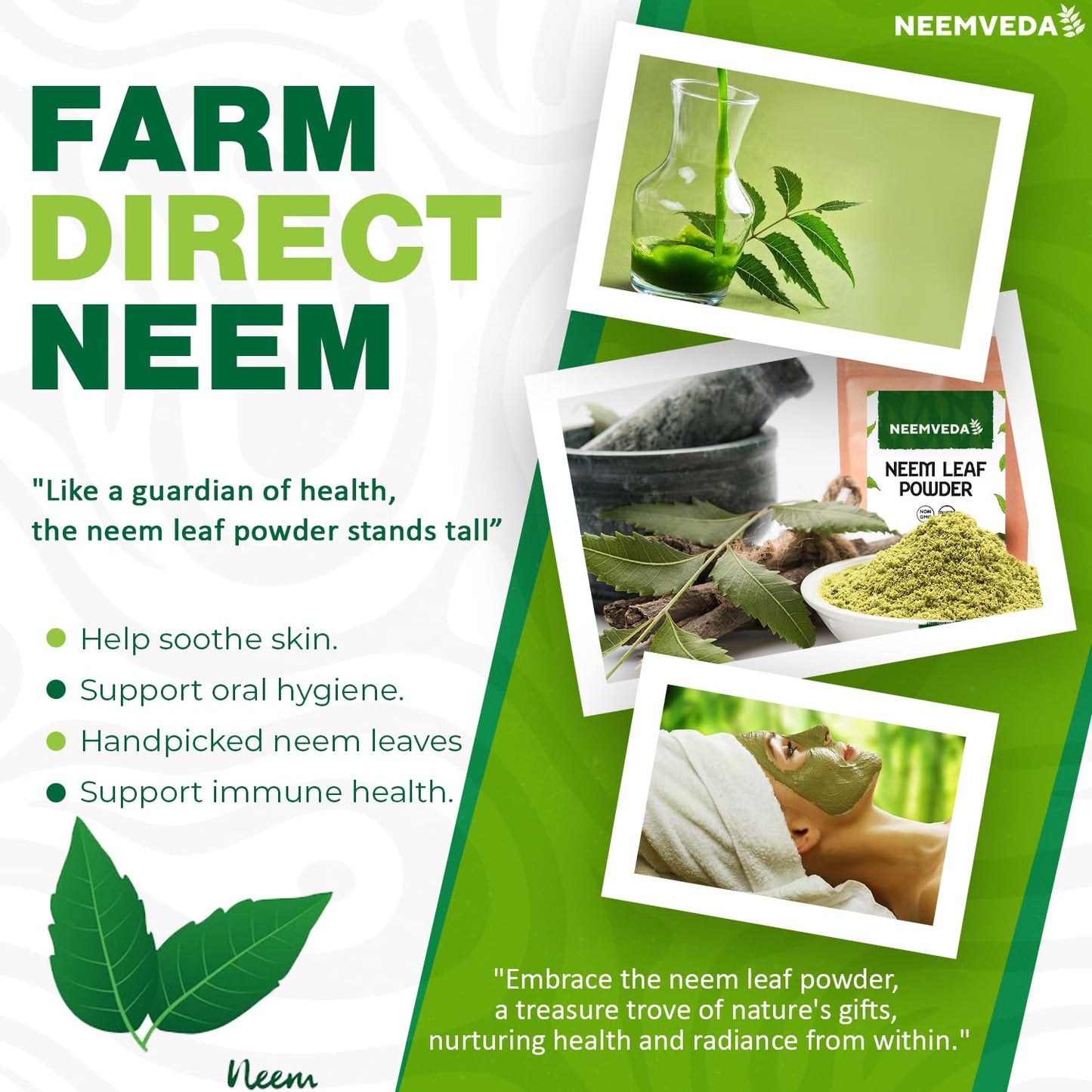 Neemveda Neem Leaf Powder 100 Grams (Azadirachta Indica) for Eating, Naturally Grown, Premium Quality Neem Powder