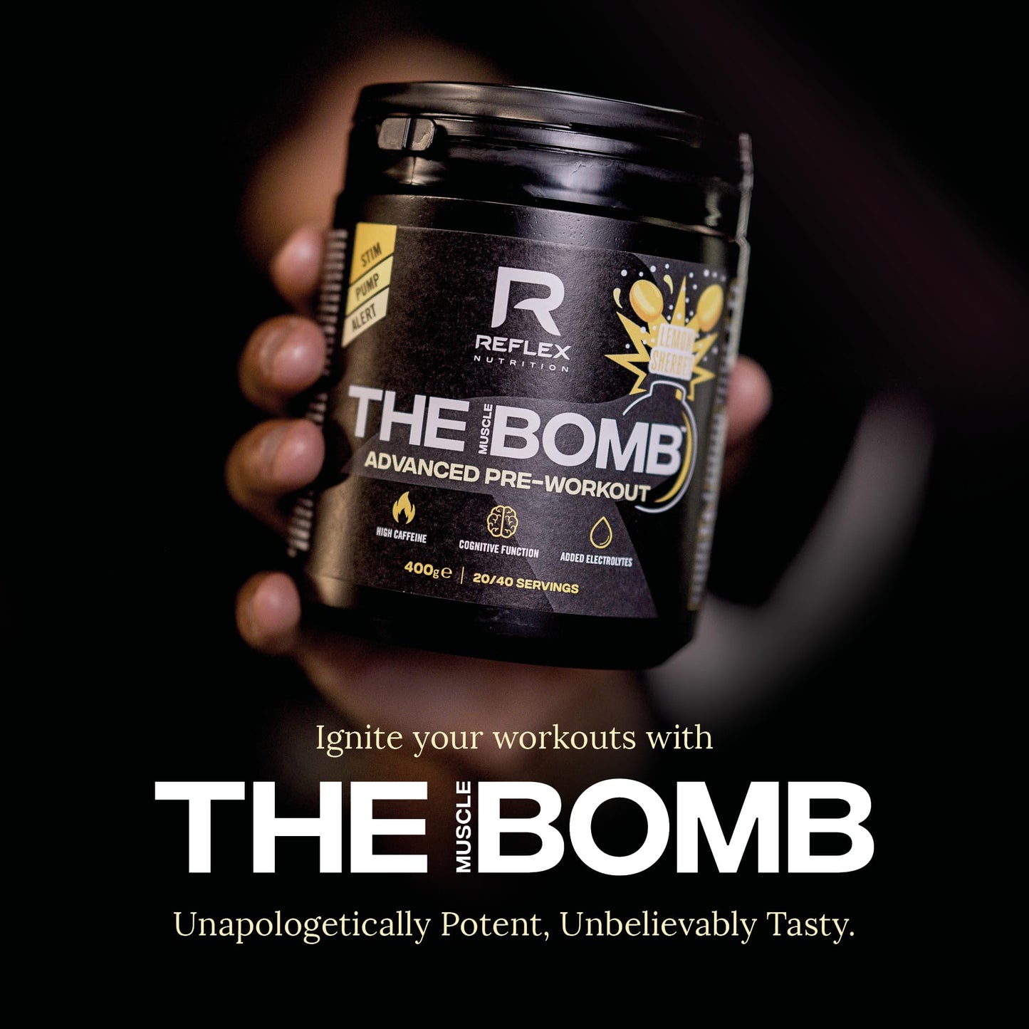 Reflex Nutrition Pre Workout The Muscle Bomb 350mg Caffeine 9g Citrulline Malate 2.5g Beta Alanine Added Hydration Electrolytes (Sherbet Lemon, 400g)