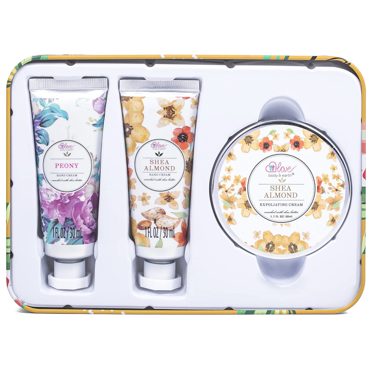 BODY & EARTH # LOVE Hand Cream Gift Set for Women - Hand Lotion with Shea Butter, Skin Care Gift Box Includes 2 Hand Cream & Exfoliating Cream, Birthday Gifts for Her
