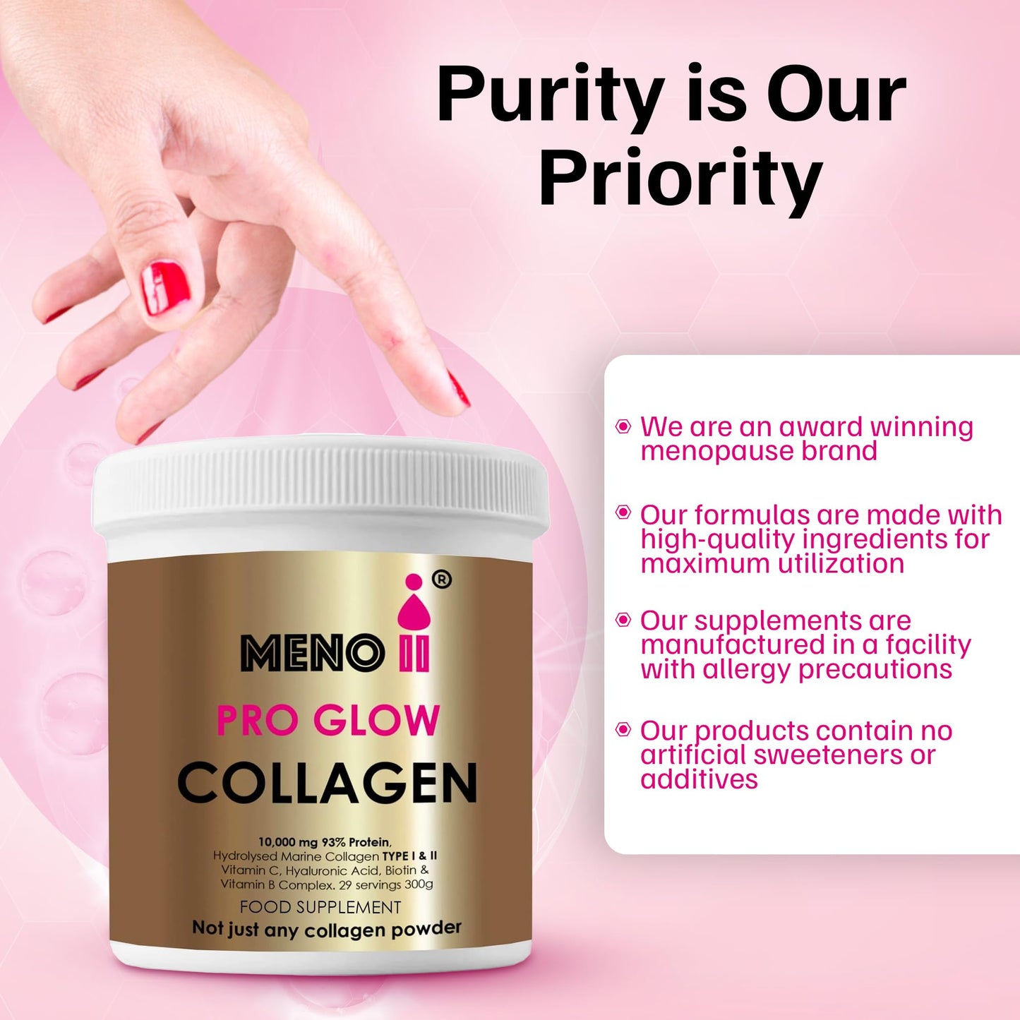 Meno II PRO Glow Marine Collagen Powder 10,000mg - High-Potency Supplements for Women Skin Hydration - Unflavoured Collagen Supplement with Hyaluronic Acid, Vitamin C & B Complex - 300g