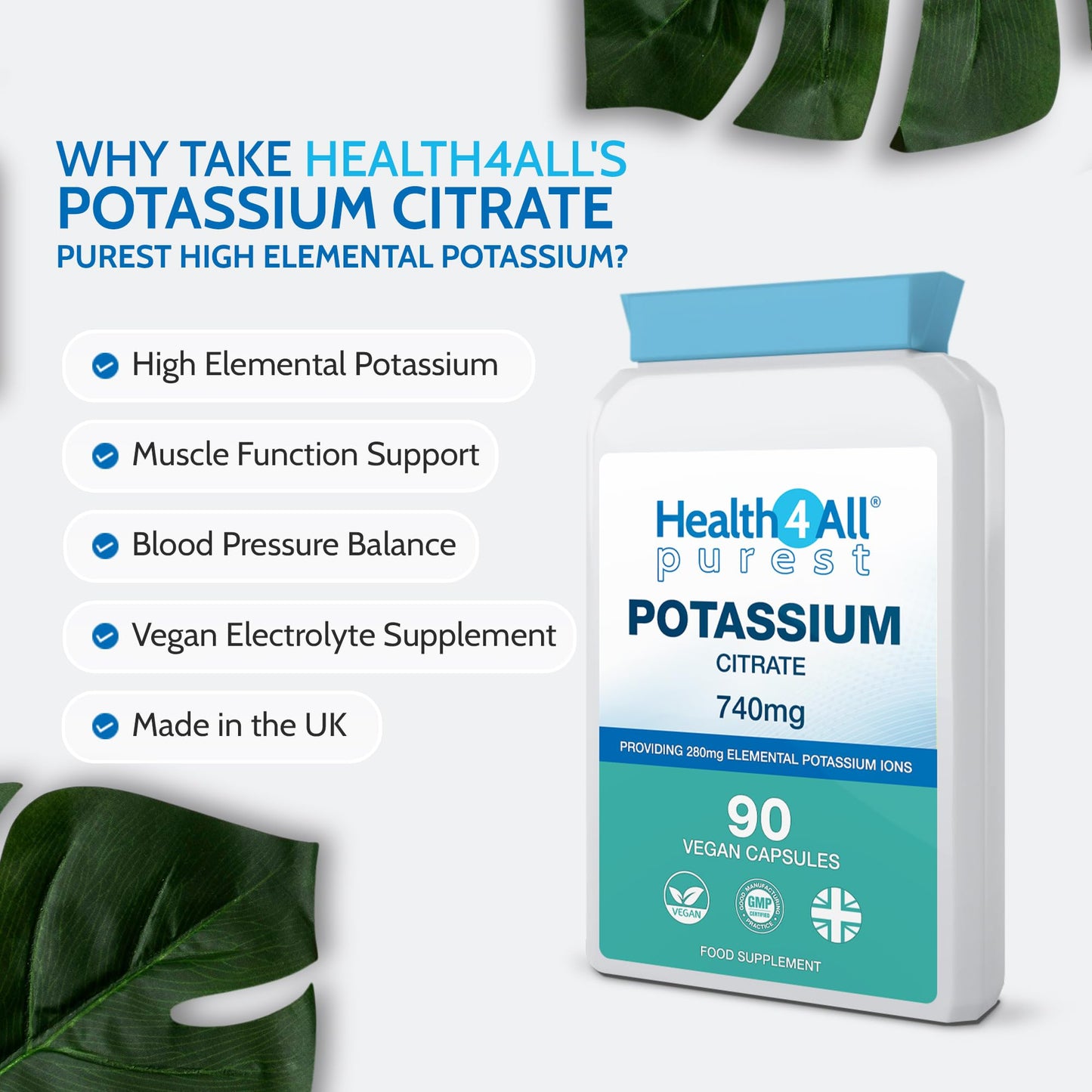 Health4All Potassium Citrate 740mg per Capsule, 90 Vegan Capsules, High Elemental K+