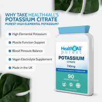 Health4All Potassium Citrate 740mg per Capsule, 90 Vegan Capsules, High Elemental K+