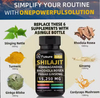 Fusure Shilajit Ashwagandha, Rhodiola Rosea, Panax Ginseng Supplement Capsules for Energy and Health