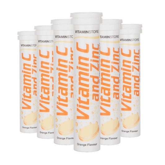 Vitamin Store Vitamin C and Zinc Effervescent Tablets, Orange Flavoured, Suitable for Vegans, 6 Packs of 20
