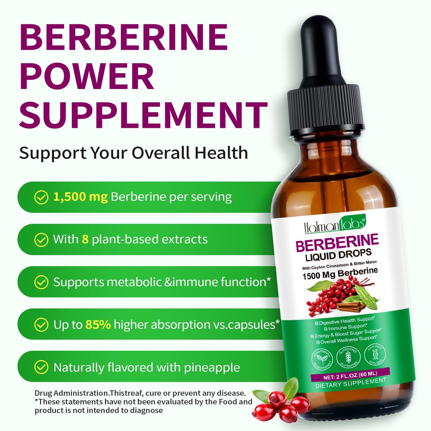 jollifish Berberine Liquid Drops, Berberine Supplement with High Strength Support Energy, Gut Health, Immune System & Metabolism Support, Health Supplement & Vitamins for Women & Men, Sugar Free, Non-GMO - 60ml