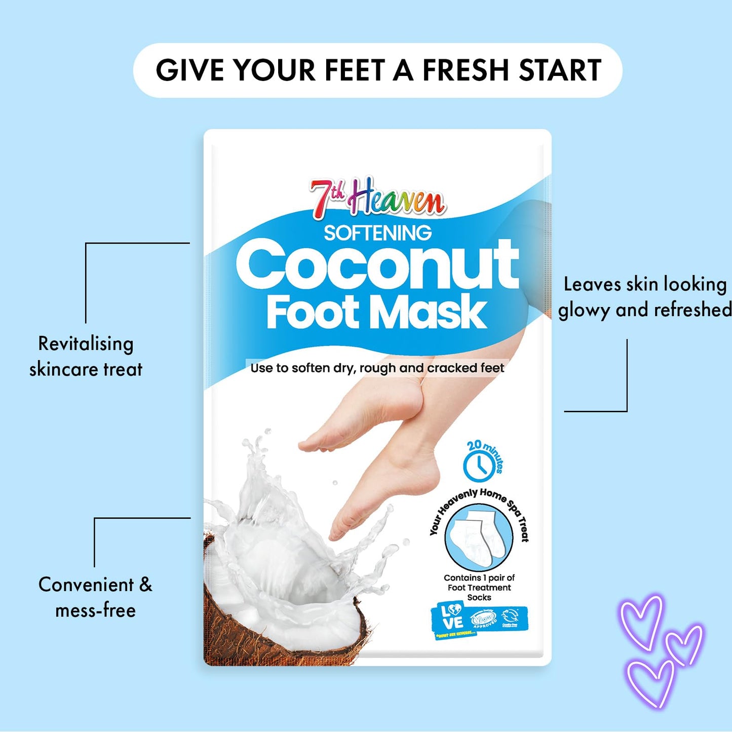 7th Heaven Foot Mask Multipack of 3 Moisturising Foot Treatment Socks – Softening & Nourishing Mask for Dry & Cracked Feet – Infused with Coconut & Shea Butter – At Home Spa Skincare