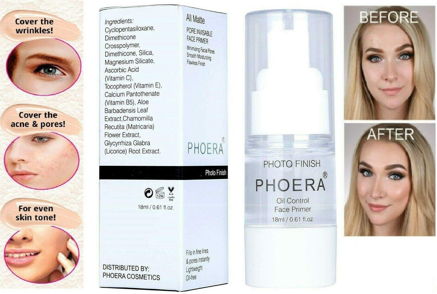 Phoera AQUAPURITY - PHOERA Primer Matte Finish Face Makeup Pore filler Primer Foundation Base Oil Control Full Coverage Make Up Base Concealer Long Lasting Flawless Pores Minimiser Liquid Moisturizing (18ML)
