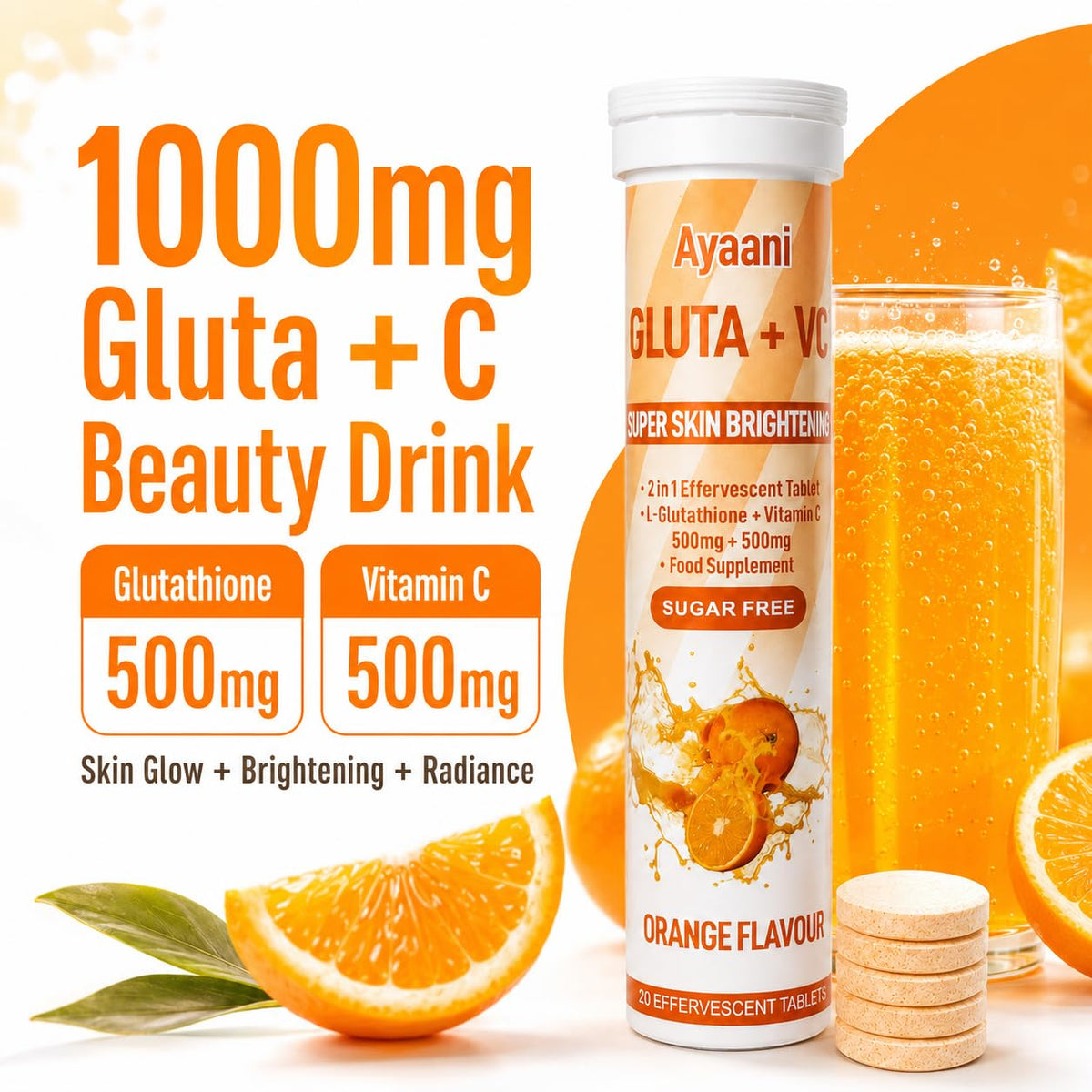Ayaani Glow Orange Glutathione Beauty Drink | 1000mg Gluta + C with Glutathione 500mg + Vitamin C 500mg | Skin Glow, Brightening, Radiance & Even Tone | Zero Sugar, No Fillers | 20 Tablets