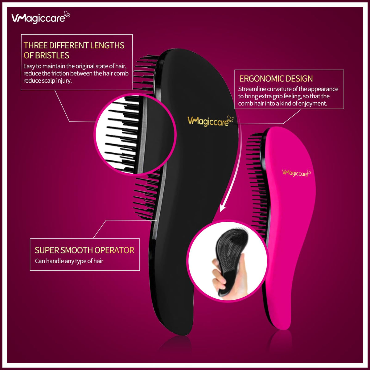 VMAGIC CARE Detangling Brush - Glide Through Tangled Hair - Best Brush for Women, Girls, Men & Boys - Wet & Dry Use (Black & Rose Red)