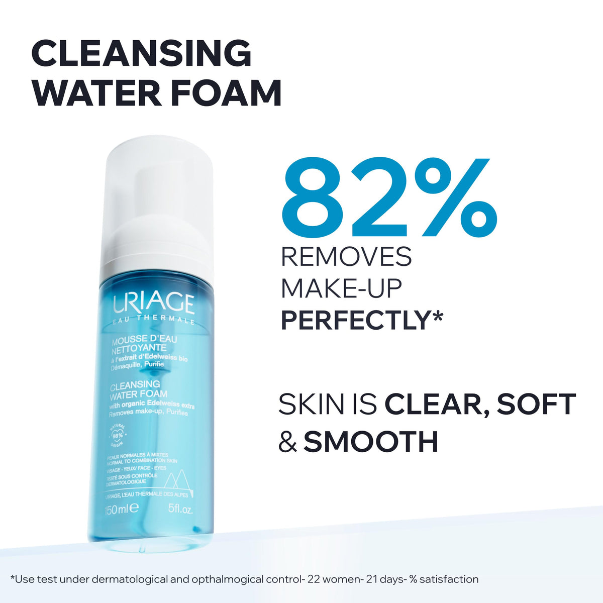 Uriage Face Cleanser & Make-Up Remover 150ml - Ultra-Soft Airy Foam, Rinse-Off Cleanser - Perfectly Removes Make-Up, Leaves Skin Soft - Floral Fragrance - Soap-Free, Physiological Ph
