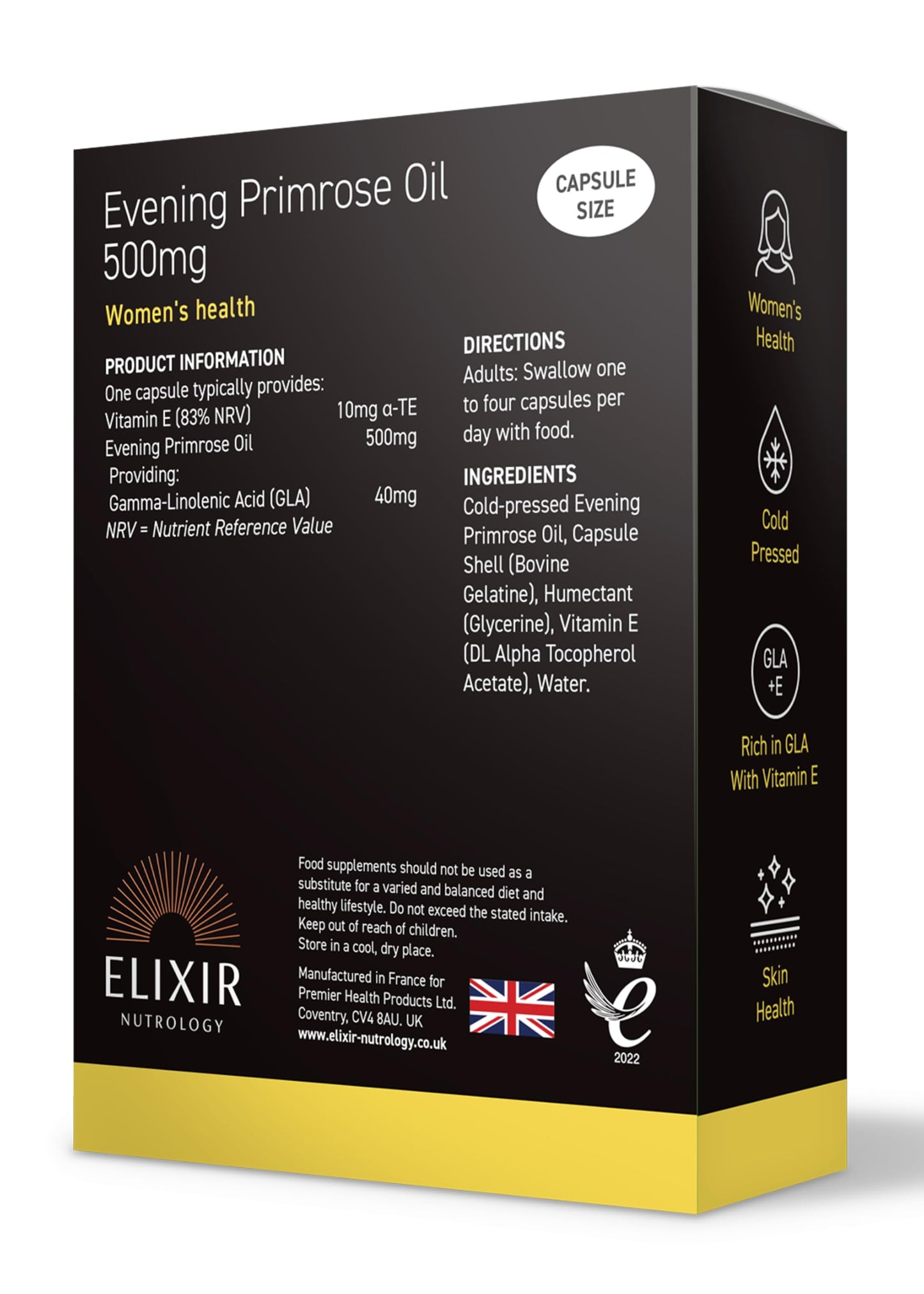 ELIXIR NUTROLOGY Evening Primrose Oil 500mg 30 Softgel Capsules – Supports Women’s Health, Rich in Gamma-Linolenic Acid (GLA), with Vitamin E for Skin Health & Antioxidant Protection.