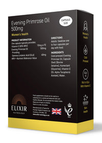 ELIXIR NUTROLOGY Evening Primrose Oil 500mg 30 Softgel Capsules – Supports Women’s Health, Rich in Gamma-Linolenic Acid (GLA), with Vitamin E for Skin Health & Antioxidant Protection.