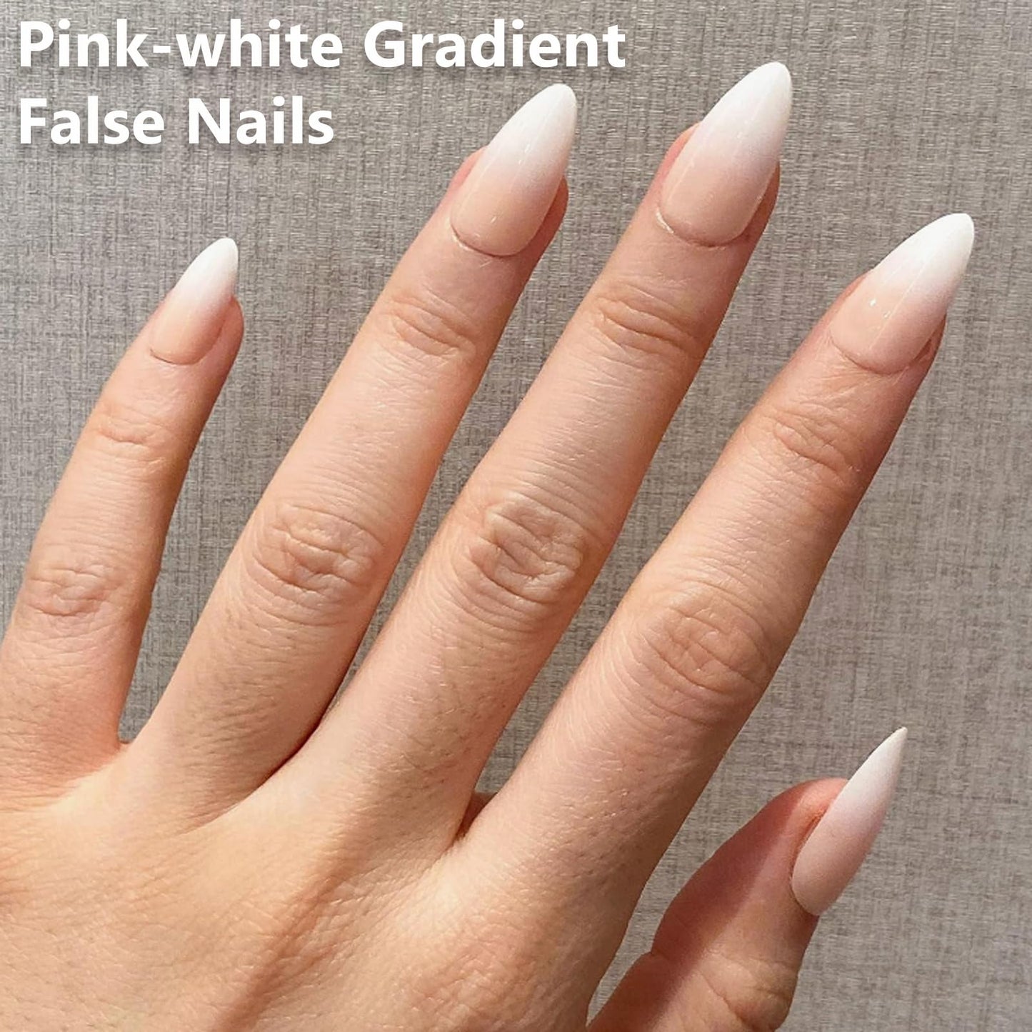 HERBINSOLS Gradient White Pink Ombre False Nails - 24Pcs Press on Nails Medium Almond - Full Cover French Almond Fake Nails with Glue - Glossy Acrylic Stick on Nail for Women Girls Nail Art DIY
