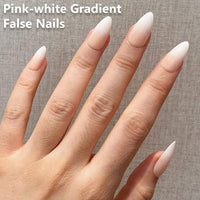 HERBINSOLS Gradient White Pink Ombre False Nails - 24Pcs Press on Nails Medium Almond - Full Cover French Almond Fake Nails with Glue - Glossy Acrylic Stick on Nail for Women Girls Nail Art DIY