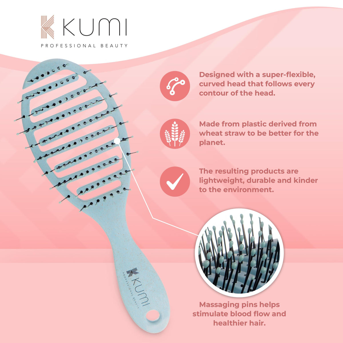 K Kumi Professional Beauty Kumi Blue Detangling Hair Brush - Wheat Straw Derived Anti-Breakage detangling Brush, Flexible Straw Brush for Wet and Dry Hair - Ideal for Home Use - Eco Friendly Hairbrush