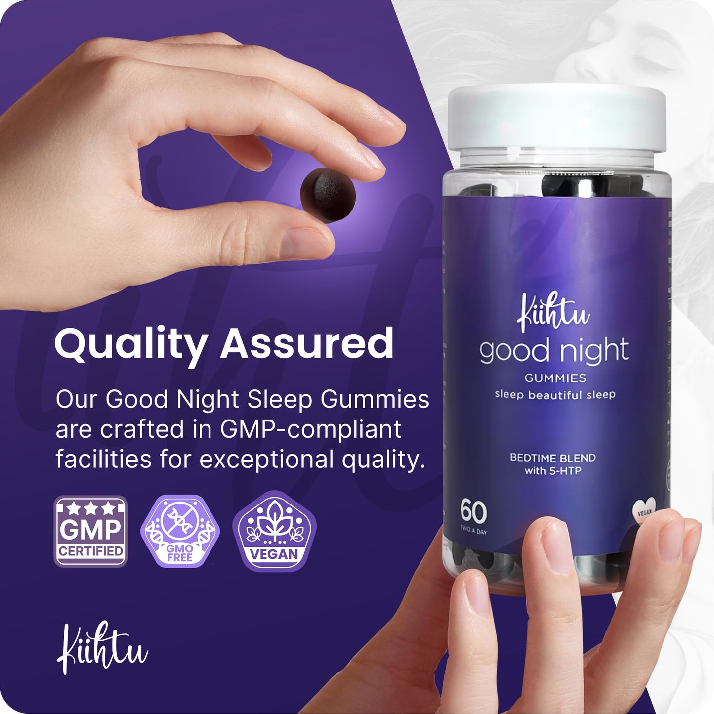 Kiihtu 5HTP Good Night Sleep Gummies - 60 Count | 1 Month Supply Chewable Griffonia Extract, Chamomile & Lemon Balm Bedtime Gummies | Calm Sleep Support | Natural & Vegan | Berry Flavour