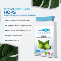 Health4All Hops 400mg, 60 Capsules 2 Months Supply, Purest Anxiety, Stress and Sleep Supplement, Humulus Lupulus Flower (strobiles, Cones) Herbal Vegan Capsules (not Tablets) | Made in UK