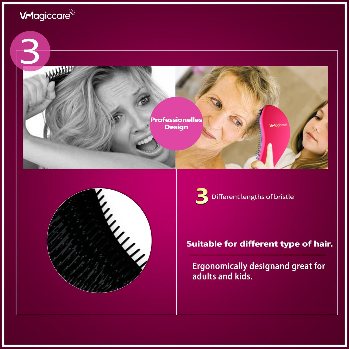 VMAGIC CARE Detangling Brush - glide the Detangler Brush through Tangled hair - Best Comb for Women, Girls, Men & Boys - Use in Wet and Dry Hair (Rose Red)