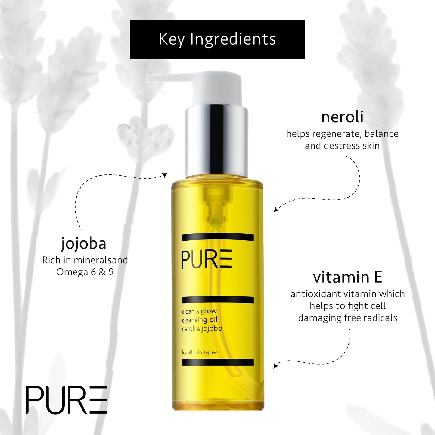 Clean and Glow Cleansing Oil from PURE Spa Skincare100ml - Vegan Makeup Remover & Cleanser with Jojoba Oil, Neroli & Vitamin E