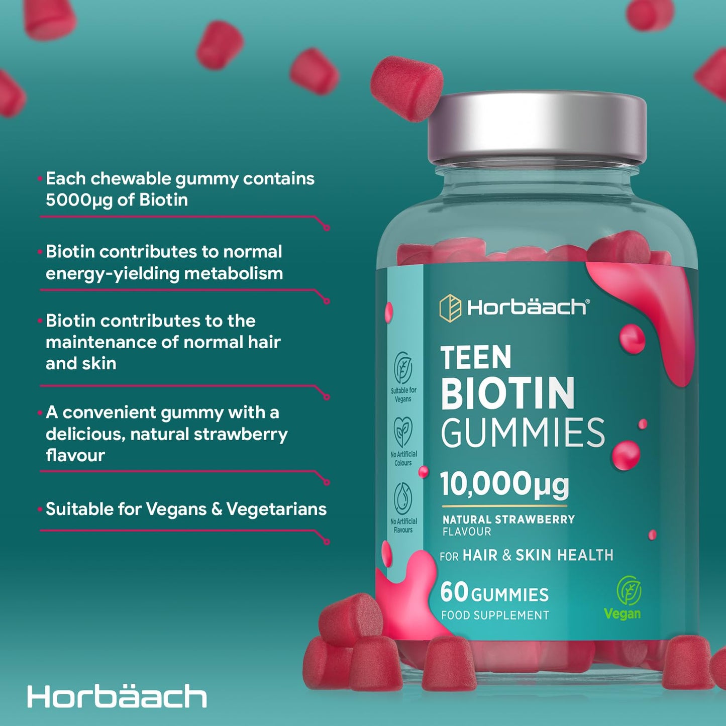 Biotin Gummies for Teens | 60 Count | Natural Strawberry Flavour | 10,000ug of Biotin to Support Hair & Skin Health | High Strength Vegan Supplement | by Horbaach