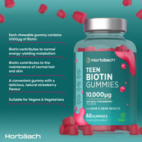 Biotin Gummies for Teens | 60 Count | Natural Strawberry Flavour | 10,000ug of Biotin to Support Hair & Skin Health | High Strength Vegan Supplement | by Horbaach