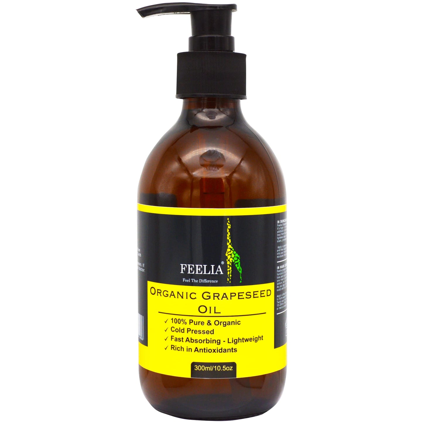 Feelia - Organic Grapeseed Oil - Cold Pressed, Rich in Antioxidants, Fast Absorbing - Lightweight, 100% Pure & Organic