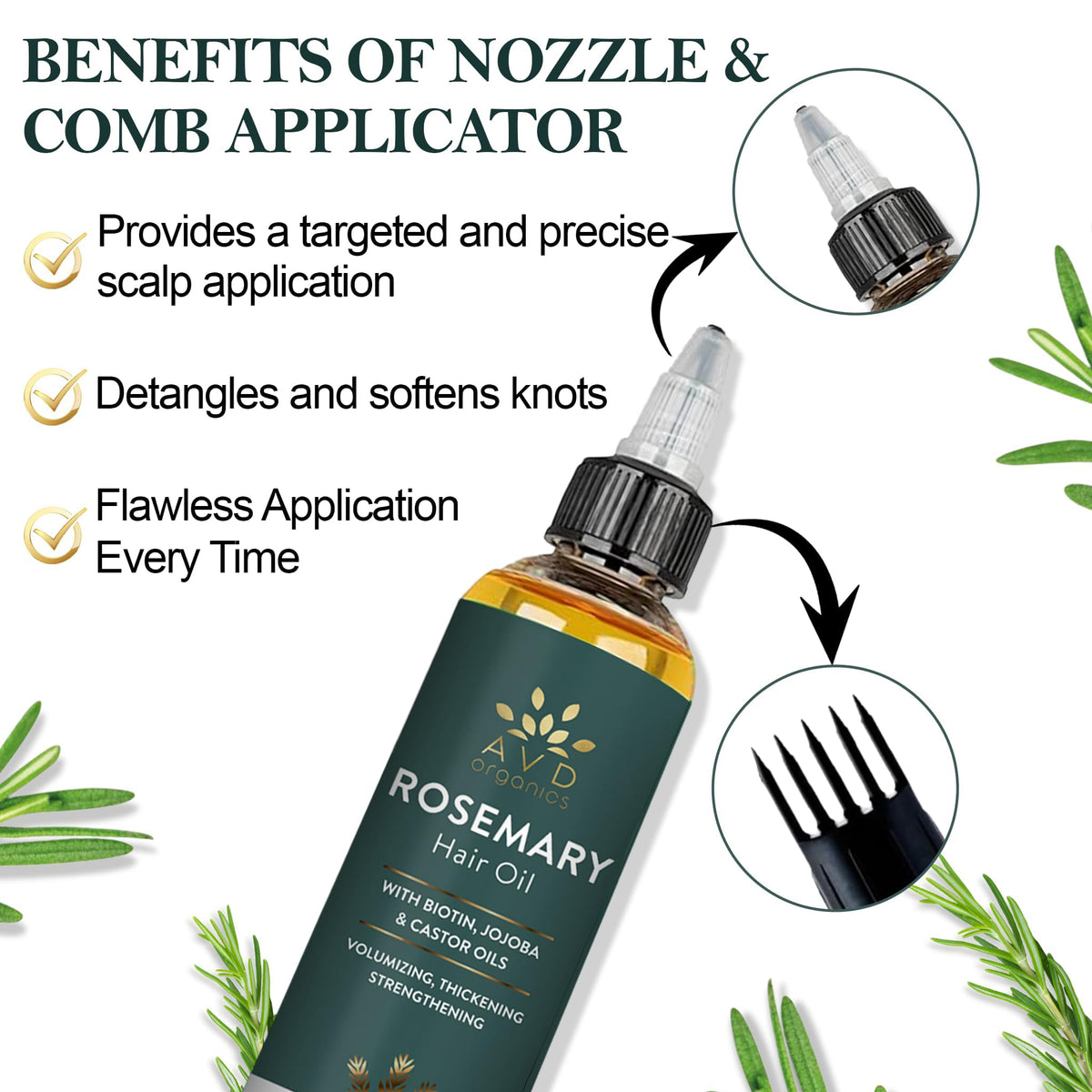 AVD ORGANICS AVD Organics Rosemary Oil for Hair – Infused with Biotin, Jojoba & Castor Oil – Strengthening, Nourishing & Volumising Hair Oil – Non-GMO – 120ml