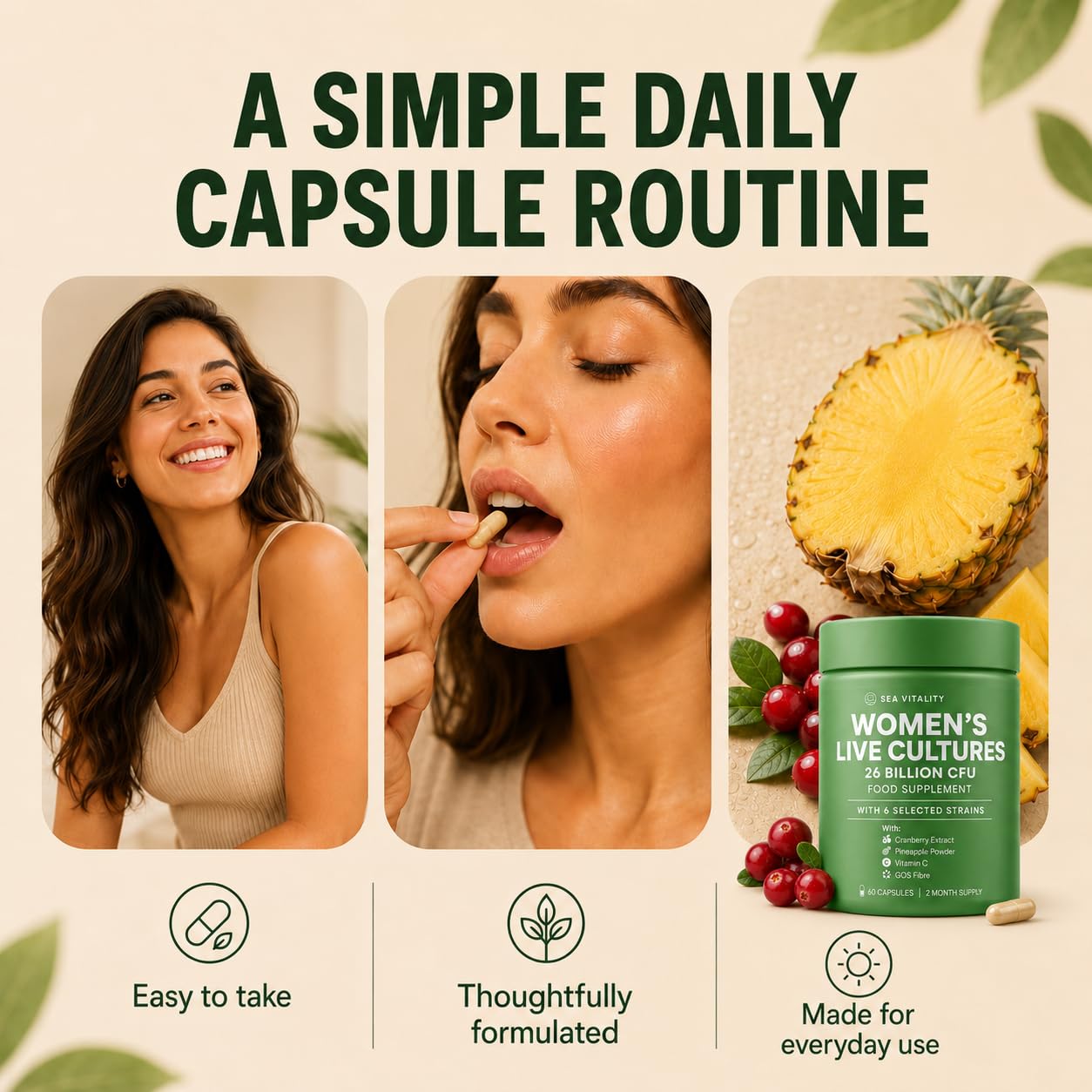 Sea Vitality Women's Live Cultures Food Supplement - 26 Billion CFU, 6 Selected Strains with Cranberry Extract, Pineapple Powder, GOS & Vitamin C - 60 Capsules, 1-a-Day Formula for Women, 60 Day Supply