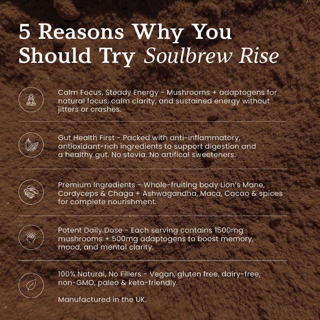 soulbrew SoulBrew Rise – Mushroom Coffee Alternative for Gut Health & Focus | Lion’s Mane, Cordyceps, Cacao | Adaptogenic Nootropic Drink for Calm Energy and Digestion | Vegan, 30 Servings