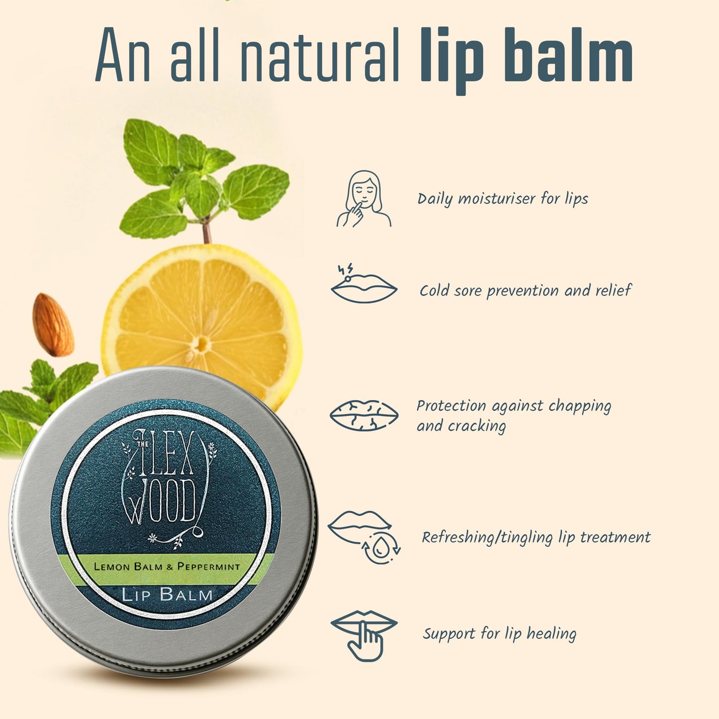 The Ilex Wood - Vegan Lemon Balm and Peppermint Lip Balm - All natural, coldsore prevention, palm oil free, cruelty free, plastic free, moisturising lip balm, handcrafted in the UK - 10ml